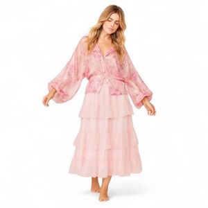 LoveShackFancy Silk Lame Floral Adeline Top‎ |  Metallic Pink Sz S | Coquette